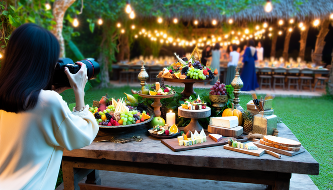 alt_text: Elegant bohemian party platter featuring colorful dishes, set outdoors with lush greenery.