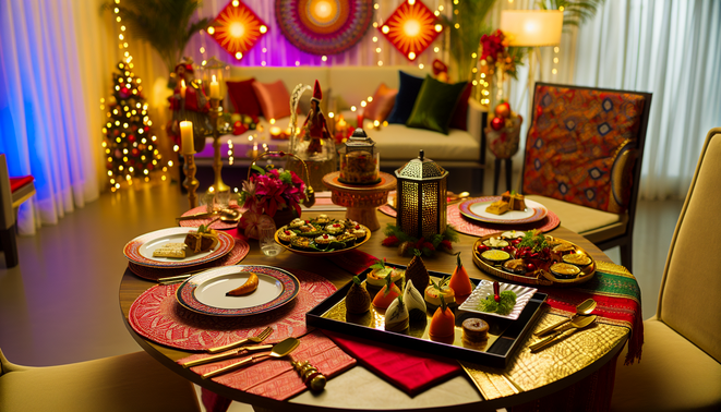alt_text: Elegant dining table adorned with festive gourmet dishes and Bangalore-inspired decorations for Christmas.