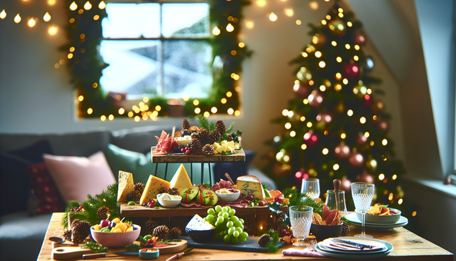alt_text: Festive grazing table with cheeses, meats, fruits, and holiday decor in a cozy dining area.