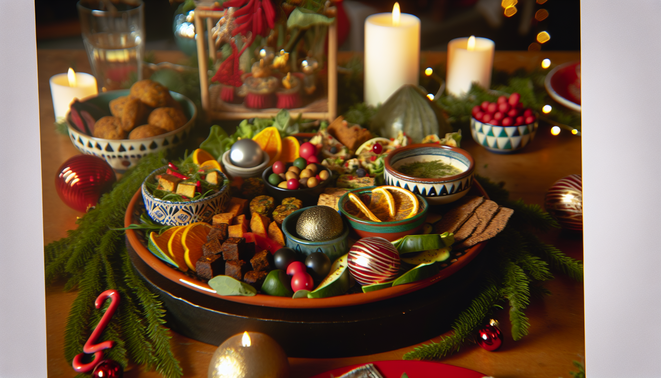 alt_text: A festive platter of vibrant vegan and Jain dishes, embodying inclusive Christmas catering.