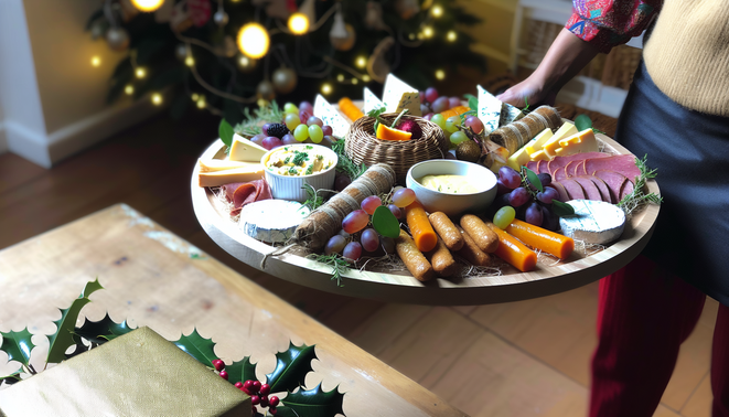 alt_text: A vibrant Christmas party platter featuring cheeses, meats, fruits, and festive decor.