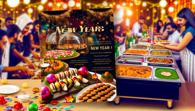 alt_text: A vibrant New Year's party scene with colorful catering displays, festive decor, and engaged guests.