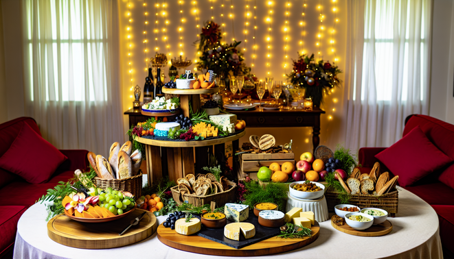 alt_text: A vibrant grazing table adorned with cheeses, fruits, and festive decor invites New Year celebrations.