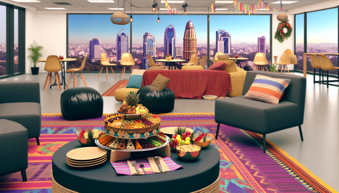 alt_text: A festive office party scene with a Boho platter, tech gadgets, and Bangalore's skyline, celebrating teamwork.