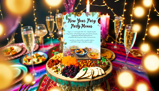 alt_text: A vibrant New Year party menu featuring vegan, Jain, and gluten-free dishes in an elegant setting.