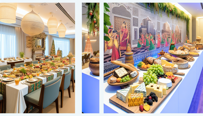 alt_text: A split image comparing a lavish buffet and a vibrant grazing table for a Bangalore New Year party.