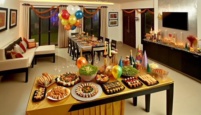 alt_text: A vibrant New Year house party scene with a festive table, decor, and warm, inviting ambiance.