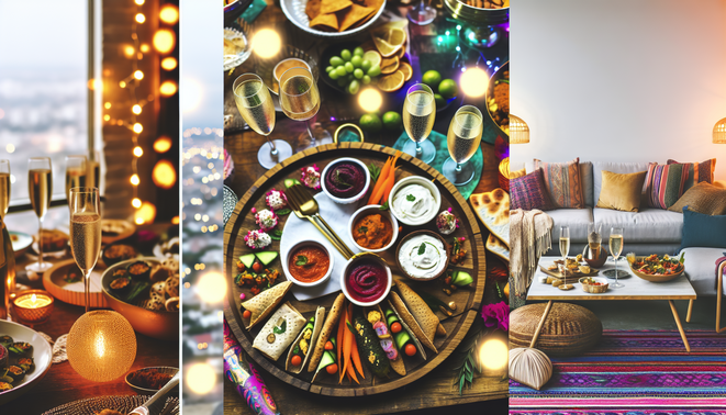 alt_text: A vibrant Boho-style party platter with finger foods, dips, and festive decor for New Year’s Eve.