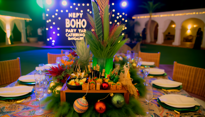 alt_text: Elegant New Year party scene in a villa, featuring a vibrant Boho platter and festive decorations.