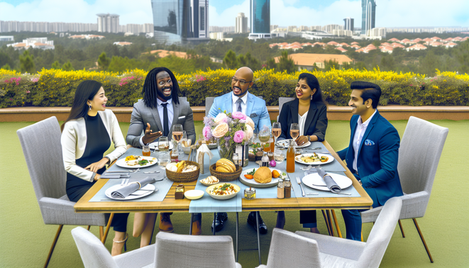 alt_text: Elegant outdoor corporate lunch setup in Bangalore, showcasing professionals, gourmet food, and collaboration.