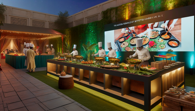 alt_text: Elegant outdoor buffet in Bangalore with gourmet dishes, interactive stations, and eco-friendly decor.