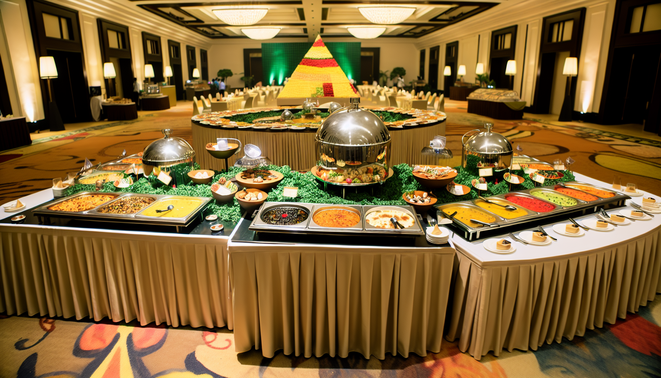 alt_text: Elegant cover showcasing colorful dishes and Bangalore's skyline for an event planner's guide.