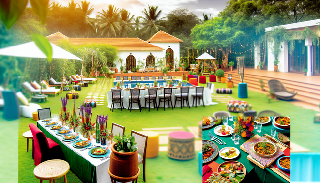 alt_text: A vibrant outdoor party scene at a Bangalore farmhouse, featuring elegant decor and diverse cuisines.