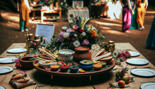 alt_text: A vibrant Boho-style platter showcasing colorful foods, set in a warm, rustic Bangalore event backdrop.