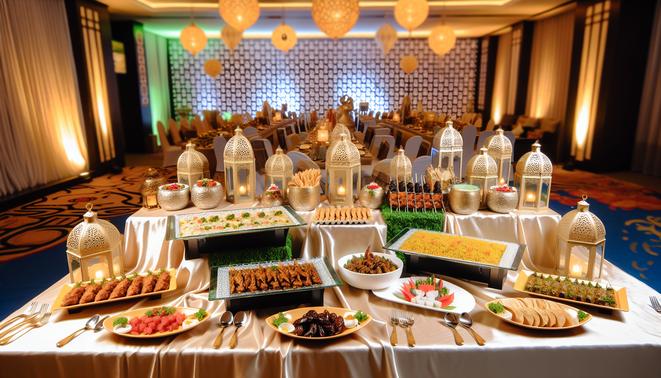 alt_text: An elegant Iftar spread featuring biryani, kebabs, and desserts, set for warm Ramadan gatherings.