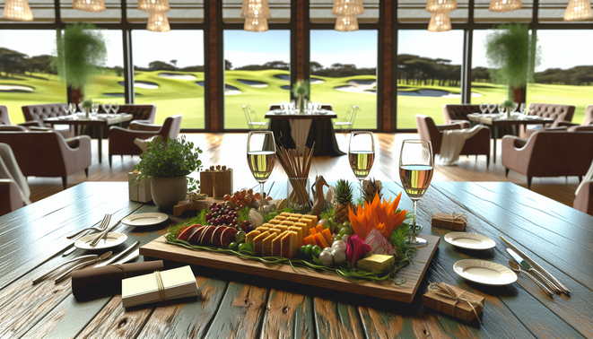 alt_text: Elegant dining setup with gourmet platters, fine tableware, and hints of Embassy GolfLinks.