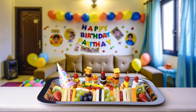 alt_text: A vibrant kids' birthday platter with colorful snacks, balloons, and cheerful decorations in Bangalore.
