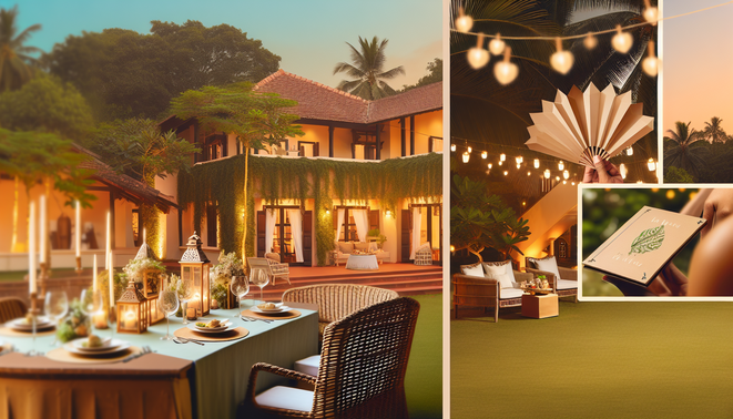 alt_text: Elegant villa exterior at Adarsh Palm Retreat, featuring lush greenery and upscale dining setup.