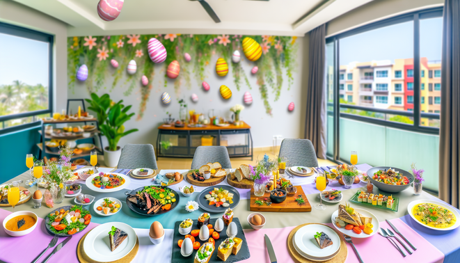 alt_text: A vibrant Easter brunch table in Bangalore featuring colorful dishes, flowers, and festive decor.