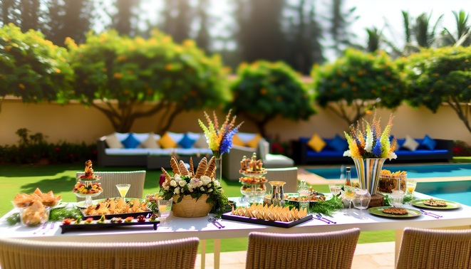 alt_text: Vibrant outdoor dining setup for a summer party, featuring colorful platters and chic decor.