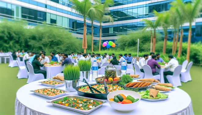 alt_text: "Elegant corporate lunch spread in a tech park, showcasing diverse dishes in a celebratory atmosphere."