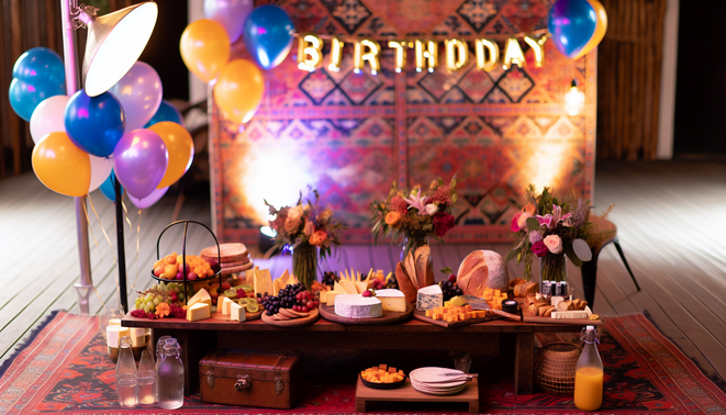 alt_text: Elegant grazing table with gourmet cheeses, fruits, and decor for a vibrant birthday celebration.