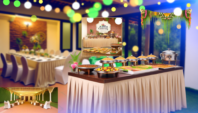 alt_text: Elegant villa buffet setup on Sarjapur Road, showcasing gourmet dishes and floral decor.