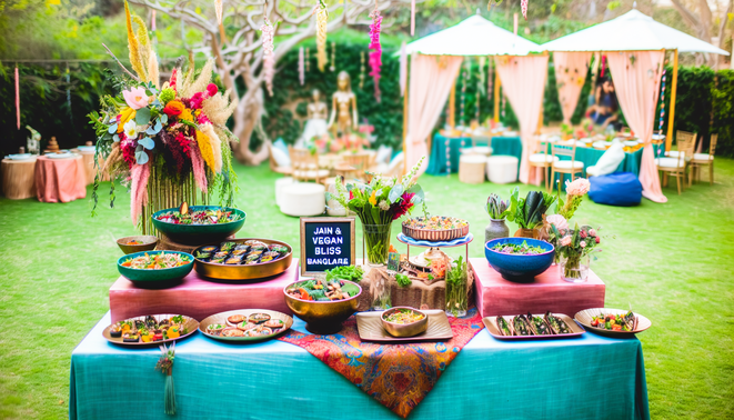 alt_text: A vibrant spring event setup featuring Jain and vegan dishes, decorated table, and lush greenery.