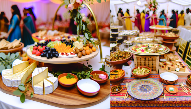alt_text: A vibrant engagement party scene in Bangalore featuring a luxury grazing table and lavish buffet setup.