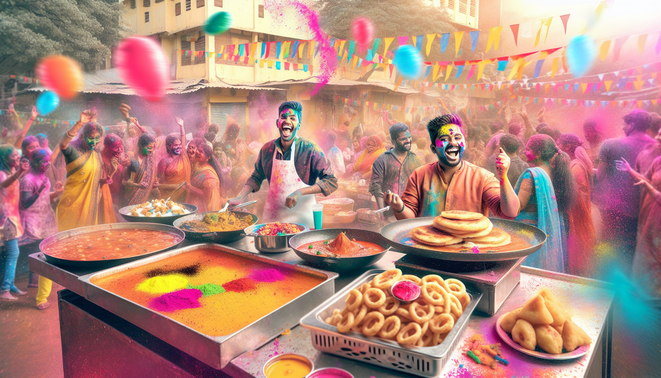 alt_text: A vibrant Holi celebration in Bangalore with colorful chaat, live food counters, and joyful people.