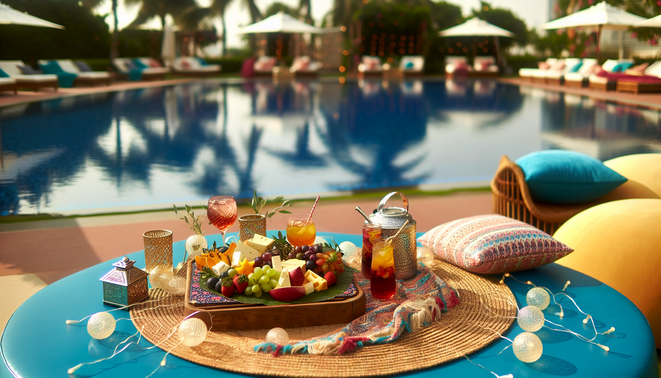 alt_text: Luxurious Bangalore poolside with a Boho platter, chic decor, and festive vibes for summer parties.